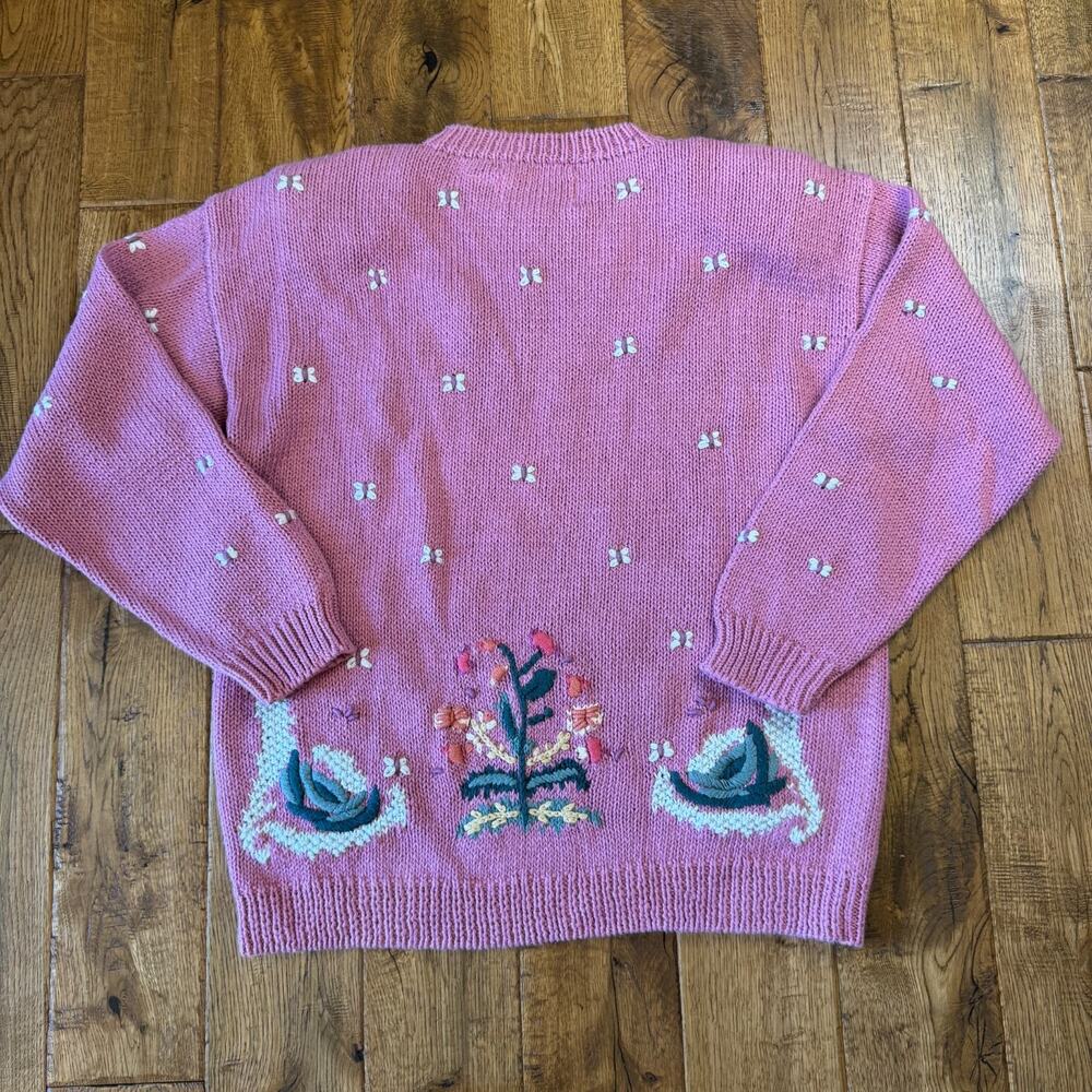 VTG Nuggets Hand Knit Sweater Floral Butterfly Crewneck Grandma Cottagecore Sz L - Picture 6 of 6